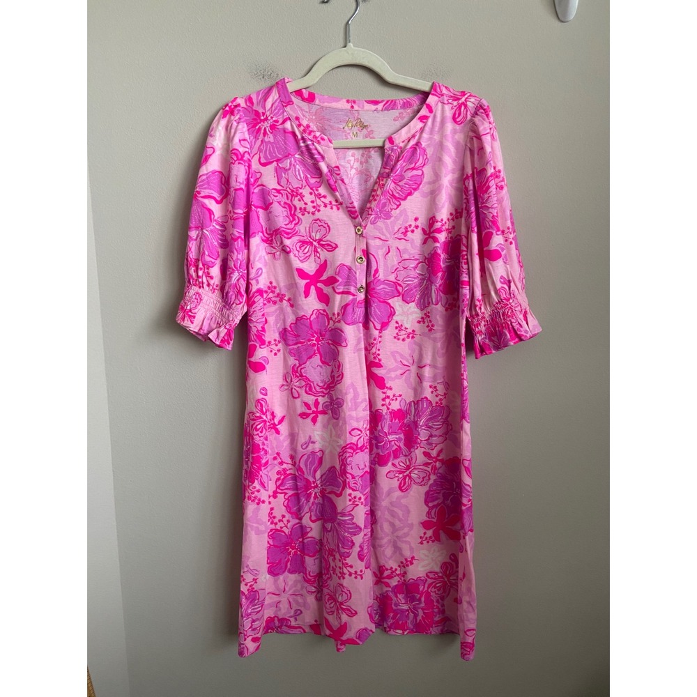 Lilly Pulitzer Delsie Pink Floral Cotton Jersey Shift Dress Medium - Picture 2 of 8